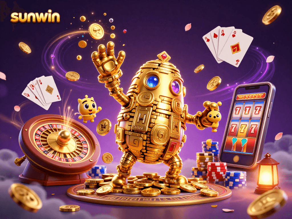 Join the excitement at sunwin with our animated casino scene featuring lucky symbols and vibrant gaming elements.