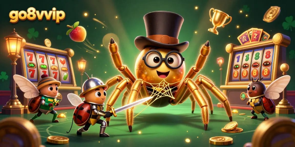 Bet big with go8vvip in an ultra-detailed 3D casino illustration featuring a giant golden tarantula and beetle knight.