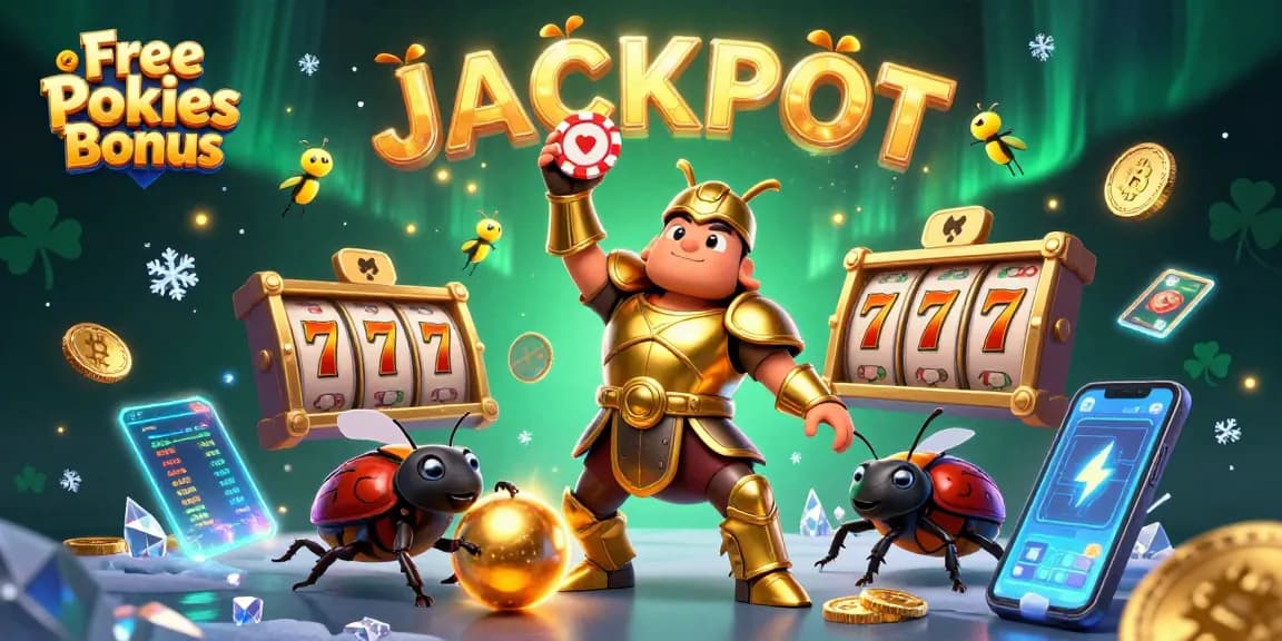Spin the reels with the Free Pokies Bonus as heroic beetles celebrate a jackpot victory!