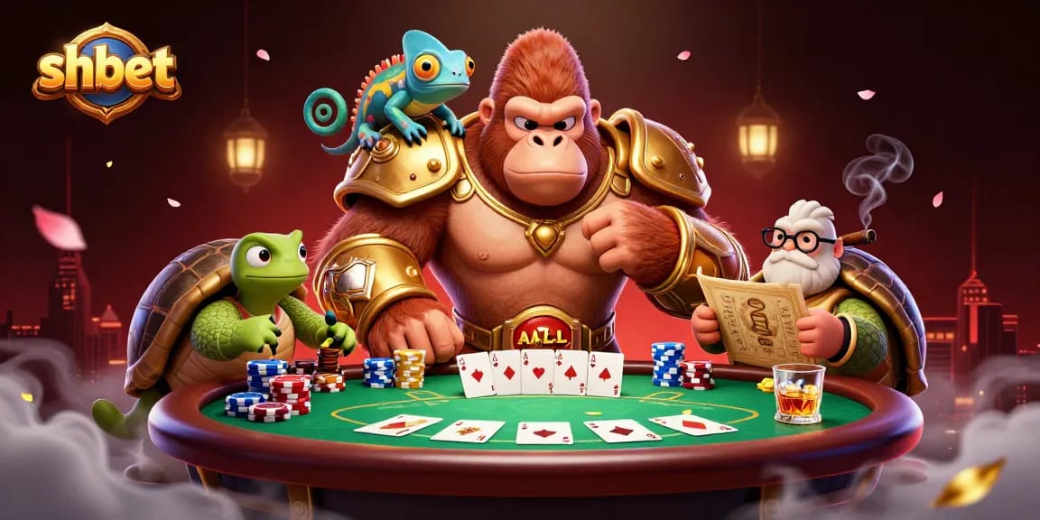 Experience the thrill of shbet gaming featuring a powerful 3D gorilla in armor amidst vibrant poker action.