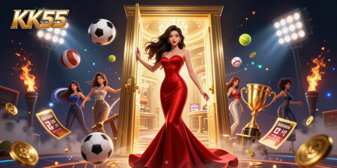 Engage in the thrill of KK55 casino with stunning visuals of a beautiful Asian woman in a glamorous setting.