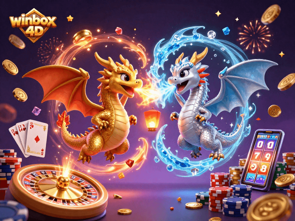 Engage with winbox 4d's thrilling game elements in this vibrant 3D casino illustration.