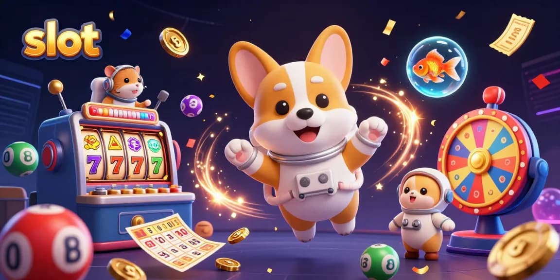 Spin the slot reels in this vibrant casino scene featuring an astronaut corgi and dynamic elements.