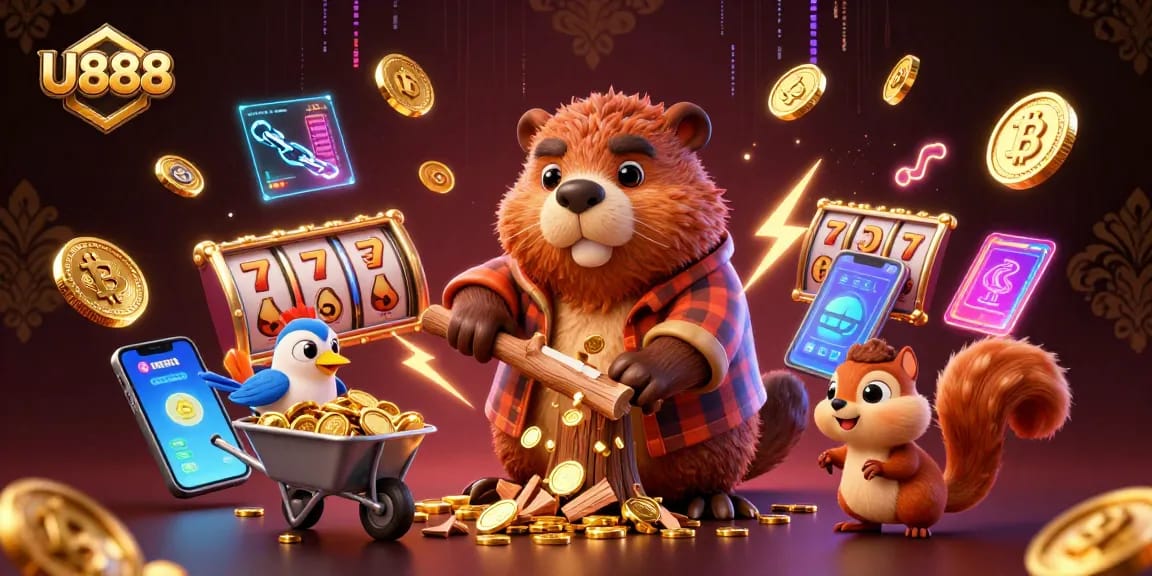 Experience U888's vibrant gaming world with a lively beaver collecting gold and crypto delights.