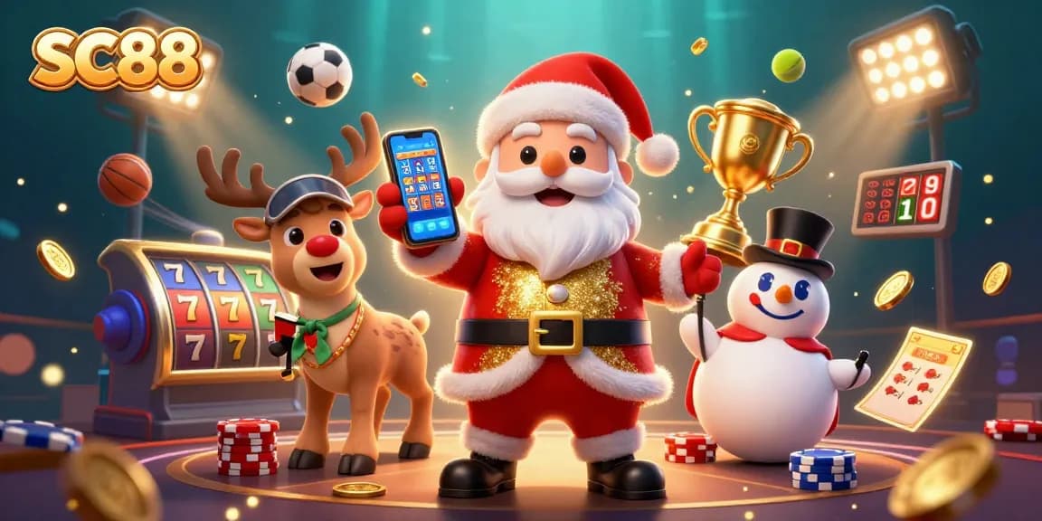 Experience the thrill of SC88 with Santa and friends in a vibrant casino setting showcasing jackpot slots.