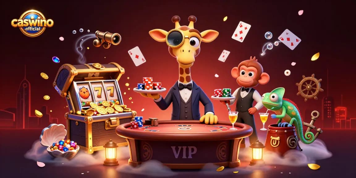 Win big at caswino-official with a vibrant casino atmosphere featuring a giraffe at a VIP poker table.