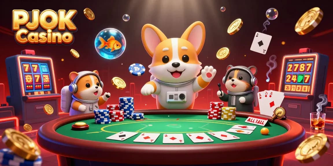 Experience epic gaming at PJOK Casino with a space-themed illustration of a corgi and mission-control hamster.