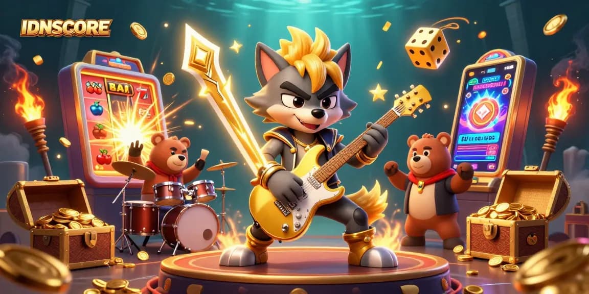 Engage with IDNSCORE for thrilling slot action, featuring vibrant casino scenes.