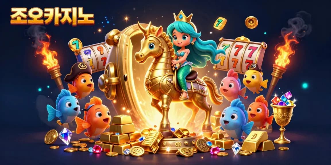 Experience 조이카지노's vibrant 3D cartoon illustration showcasing a mermaid princess and seahorse, surrounded by dynamic gambling elements.