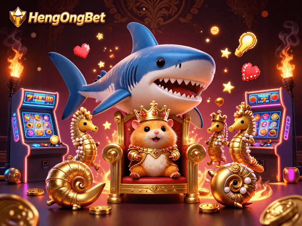 Engage with HengOngBet's vibrant gaming world featuring a golden hamster king, slot reels, and arcade elements.