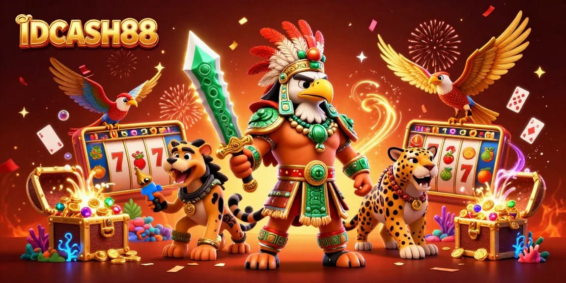 Experience thrilling online slot gaming with IDCASH88's vibrant 3D illustration of an Aztec warrior