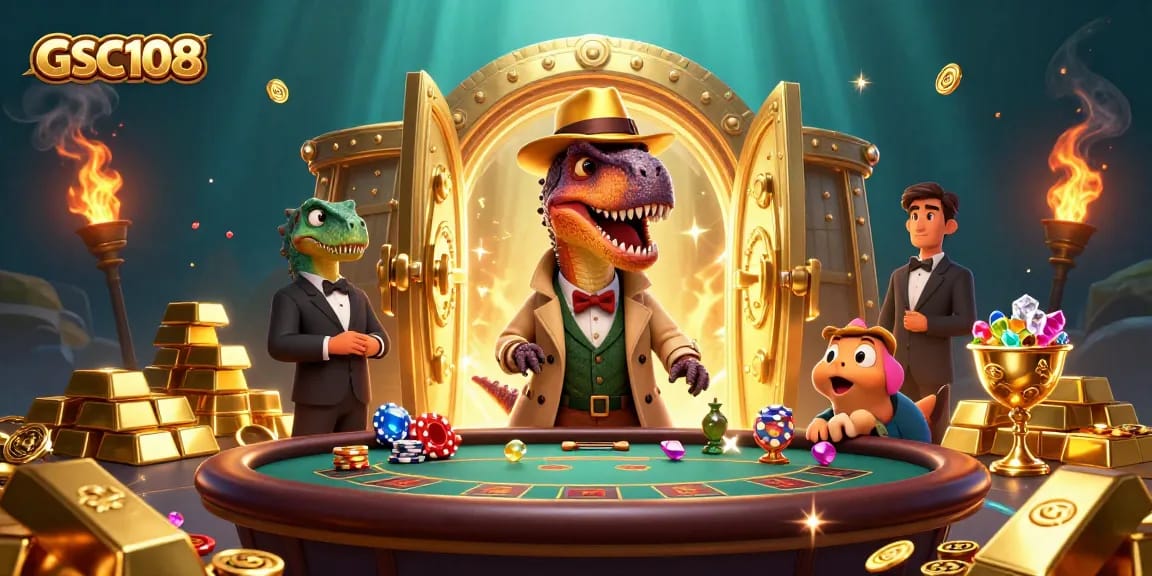 GSC108 players engaging with a lively casino scene filled with treasures and animated characters