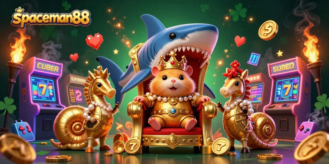 Experience gaming excitement with spaceman88, featuring a golden hamster king and vibrant slot elements.