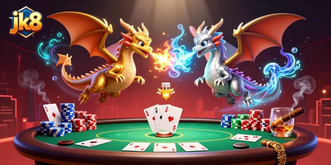 Engage with jk8 as golden and silver dragons breathe fire and ice amidst a vibrant casino backdrop.