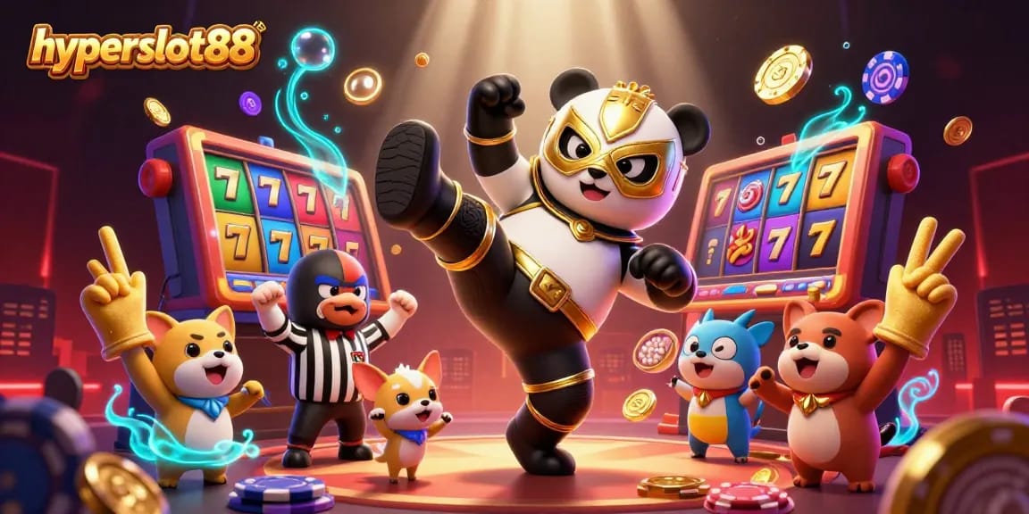 Experience thrilling wins with hyperslot88 as the panda wrestler kicks into action surrounded by colorful casino elements.