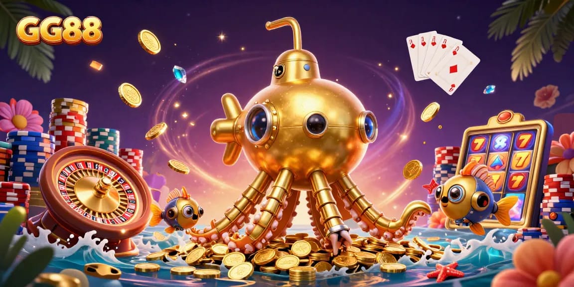 Engage with GG88's vibrant 3D casino illustration featuring gold coins, mechanical fish, and immersive gaming elements.