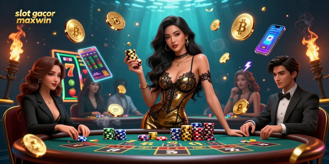 Spin the reels at slot gacor maxwin with a glamorous Asian player amidst crypto coins and jackpot elements.