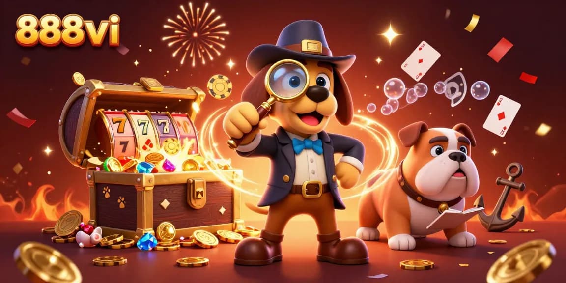 Experience thrilling gameplay at 888vi with vibrant illustrations of poker chips and animated characters.