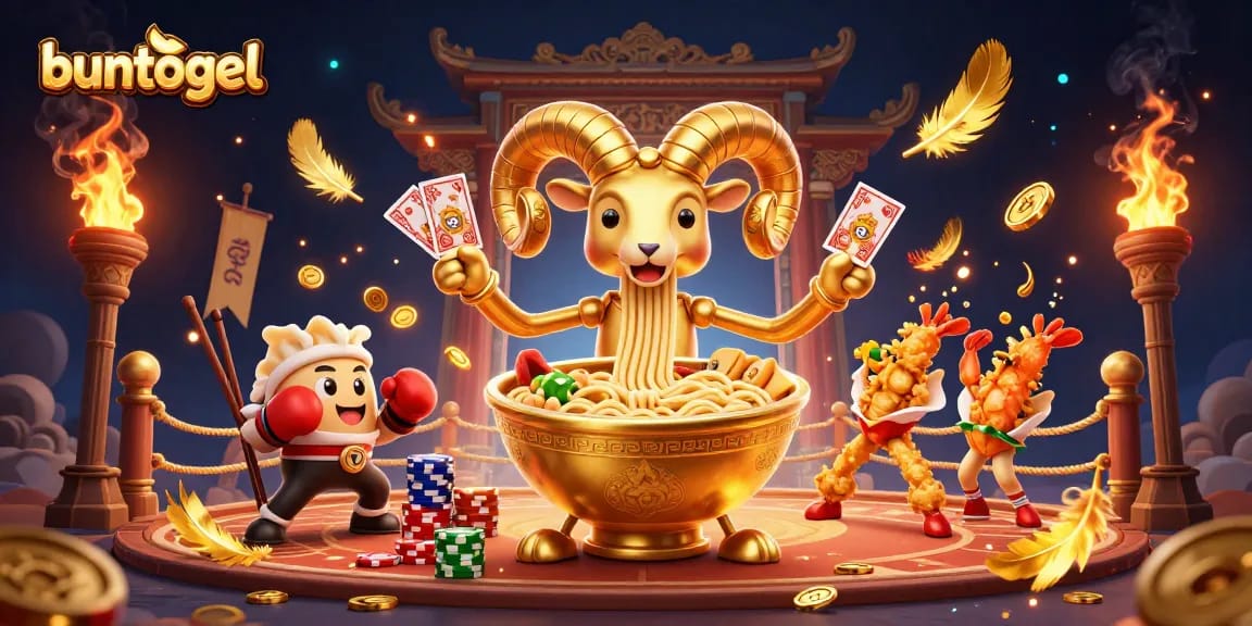 Buntogel players enjoy exciting winnings with a dynamic casino scene featuring a giant ramen bowl dealer and cheerful sushi companions.