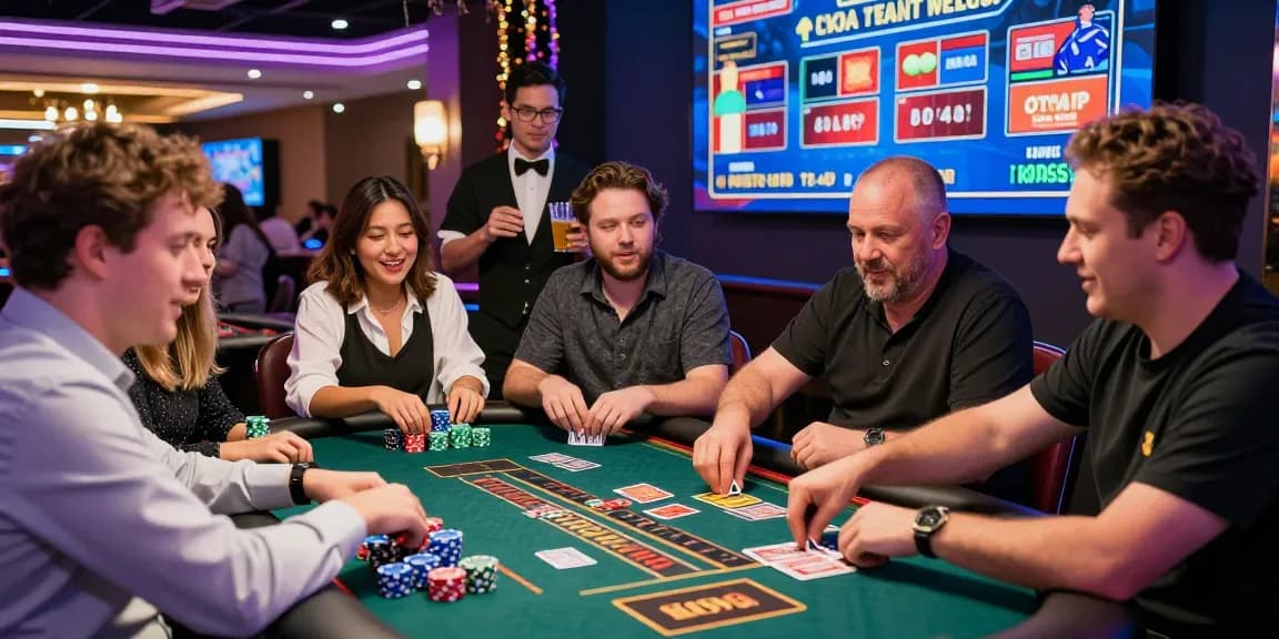 Exciting KO66 Casino scene with players engaged at a gaming table, showcasing vibrant atmosphere.