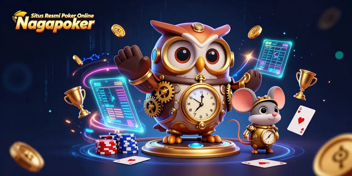 Situs Resmi Poker Online Nagapoker showcases a dynamic 3D scene with poker elements and vibrant characters.