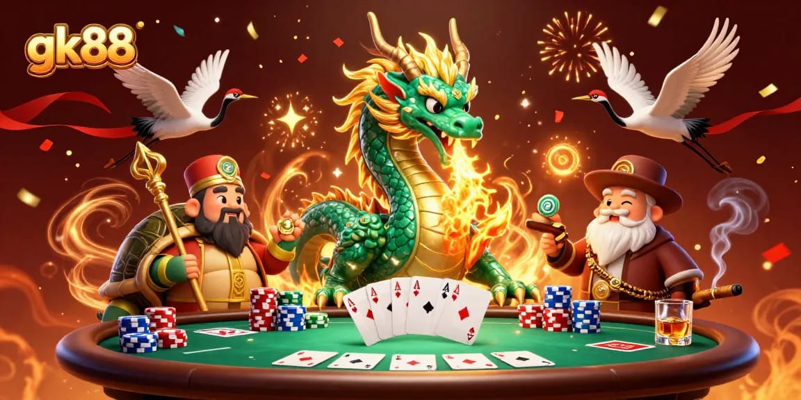 Experience the excitement of gk88 with a dramatic poker scene involving unique characters and vibrant casino elements.