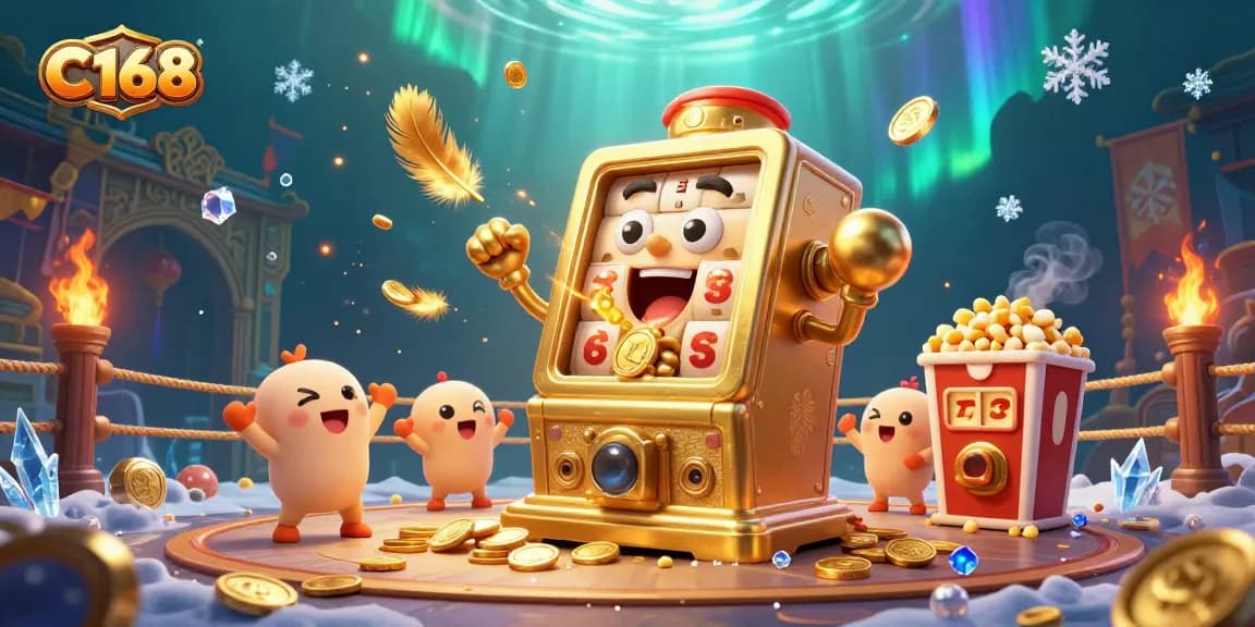 C168 slot machine celebrates a big win, showered with coins and surrounded by cheering characters and casino elements.