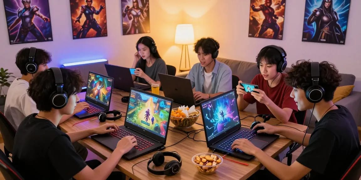 Exciting game bài đổi thưởng session with friends in a modern living room