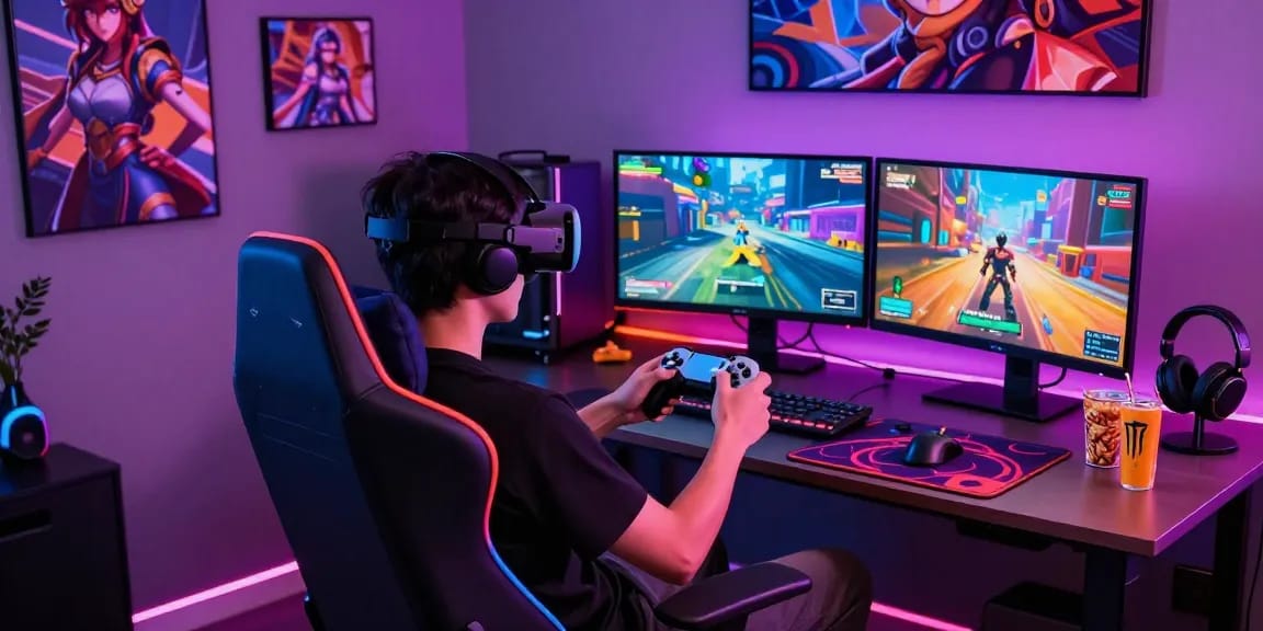 Immersive setup featuring a player engaged in a 3D hentai game experience with dynamic visuals and gaming accessories.