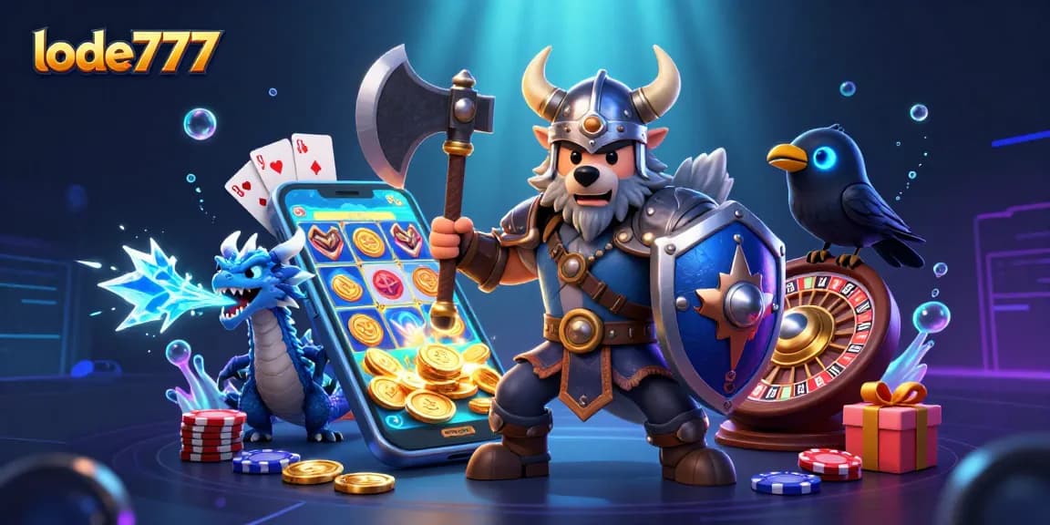 Immerse in exciting lode777 slot gameplay as Viking wolf and dragon encounter colorful reels and coins.