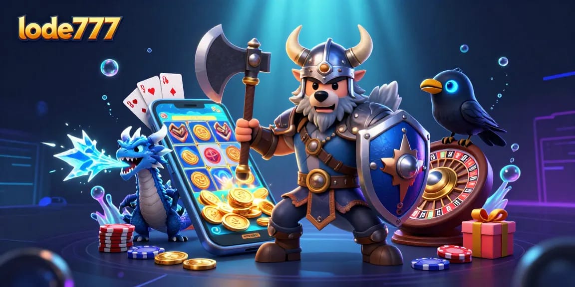 Immerse in exciting lode777 slot gameplay as Viking wolf and dragon encounter colorful reels and coins.