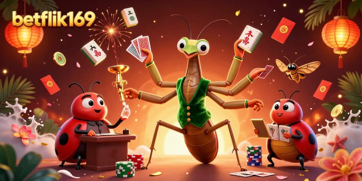 ภาพการ์ตูน 3D ของ betflik169 แสดงพิธีกรการ์ตูนและม่านผ้าสีเขียวในคาสิโนออนไลน์