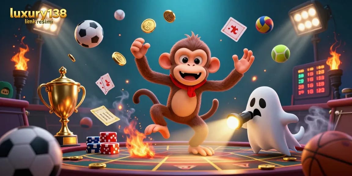 Experience the thrill of winning at luxury138 link resmi with this vibrant 3D casino illustration featuring a lively monkey and puppy.