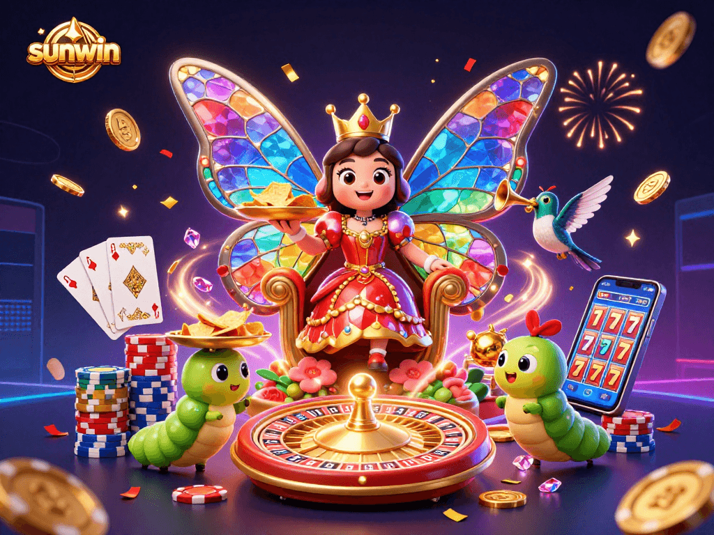 Sunwin's vibrant casino illustration featuring a butterfly queen amidst dynamic gaming elements.