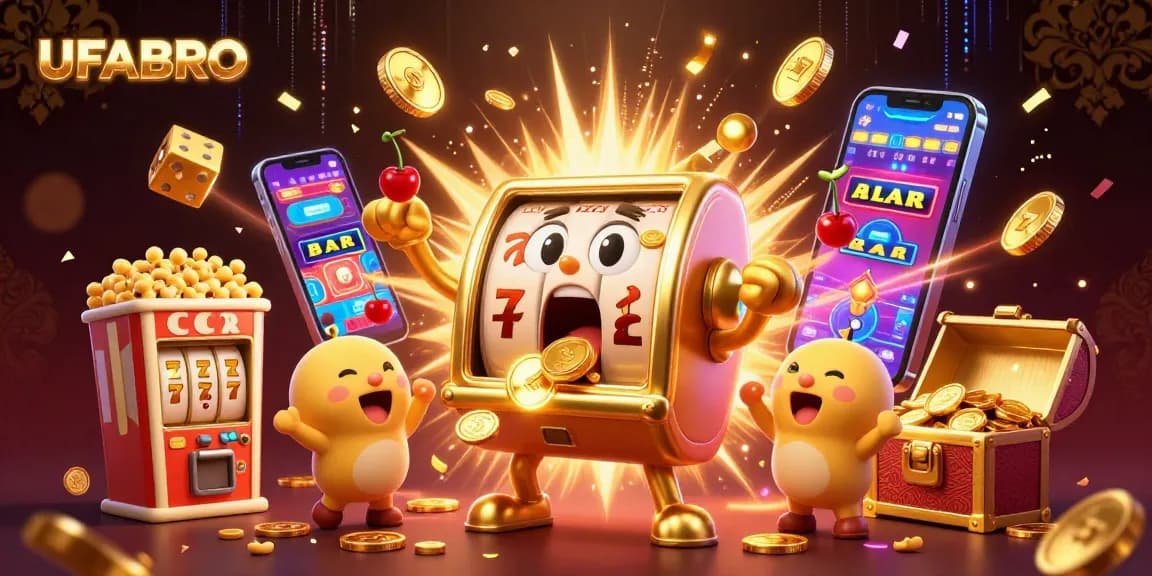 UFABRO slot machine explodes with coins, showcasing a joyous casino scene filled with vibrant action.