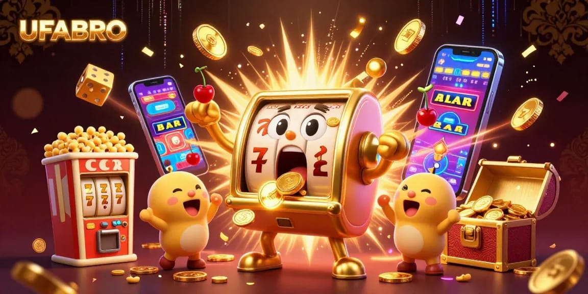 UFABRO slot machine explodes with coins, showcasing a joyous casino scene filled with vibrant action.