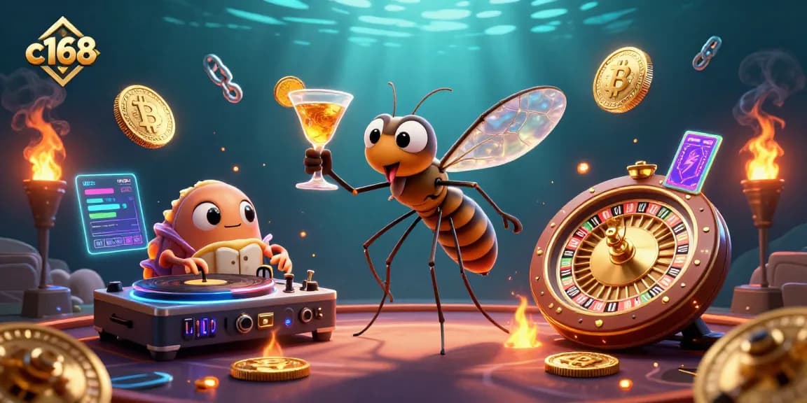 C168 casino illustration featuring a frozen mosquito mascot, trilobite DJ, and golden roulette wheel.