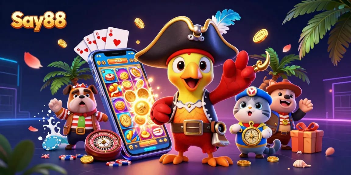 Experience Say88's thrilling online gaming with iconic characters amidst rich casino elements.