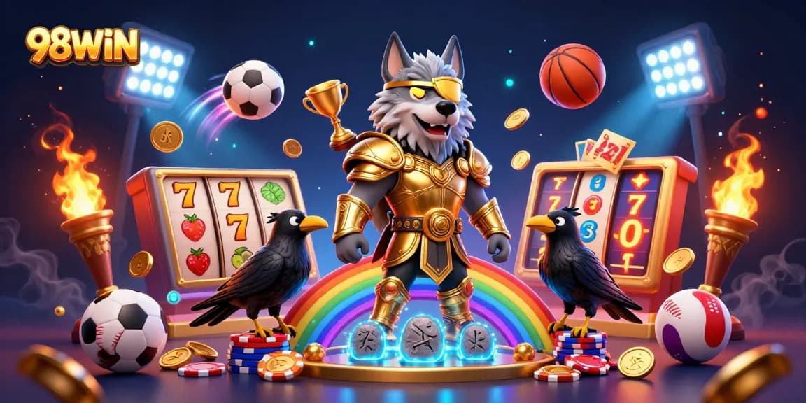 Immerse in the vibrant gaming adventure of 98WIN with Odin and ravens amidst casino action.
