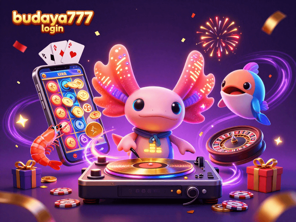 Gambarkan budaya777 login dengan DJ axolotl neon dan elemen permainan slot menarik.