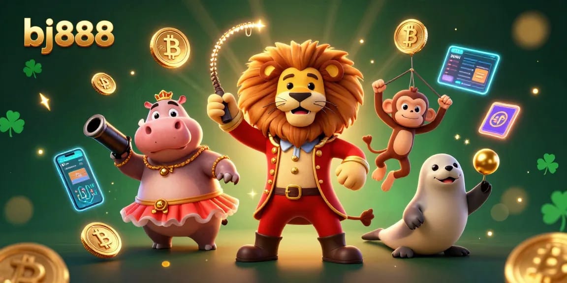 BJ888 showcases a dynamic casino scene with 3D carousel characters and vibrant gaming elements.