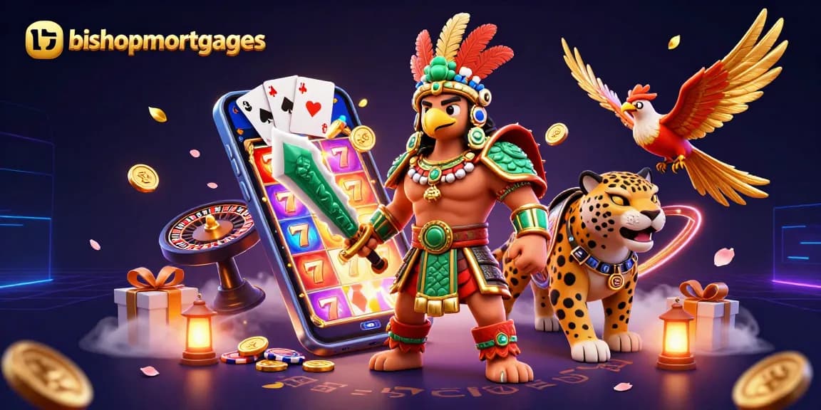 Experience thrilling gaming with bishopmortgages in a vibrant 3D casino scene featuring slots and colorful characters.