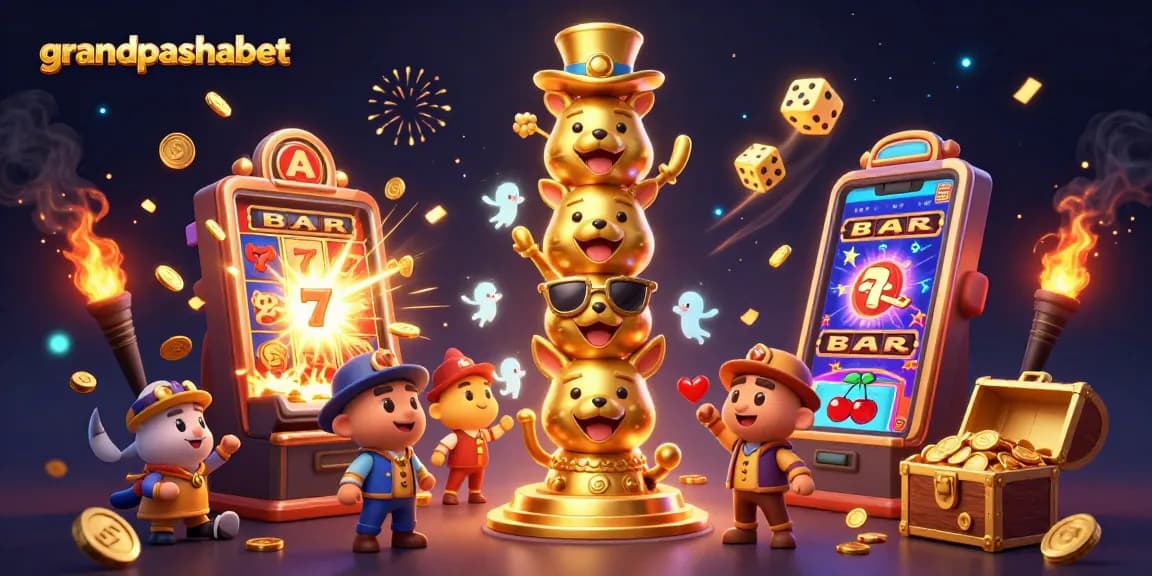 Engage with grandpashabet in a vibrant 3D casino scene featuring dynamic slot machines and golden totems.