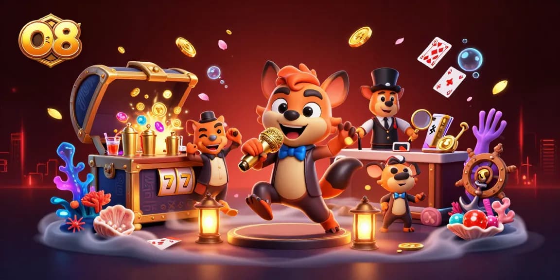 Experience O8's vibrant casino club scene with hyena comedians and gaming elements.