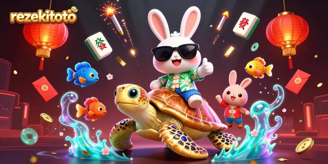 Experience the excitement of rezekitoto with a lucky rabbit and golden sea turtle in a vibrant lottery scene.