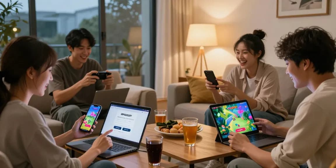 Group of friends enjoying gaming on MPOSPORT with mposport login on various devices.