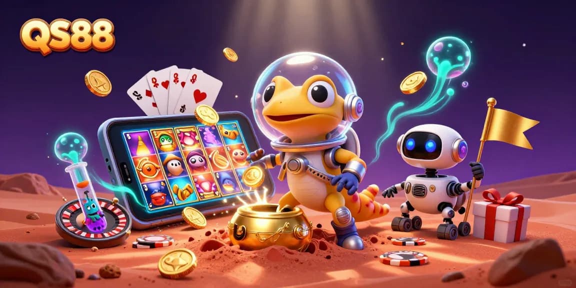 Experience exciting gambling with QS88 as a Martian gecko unveils a casino on Mars amidst glowing, vibrant elements.