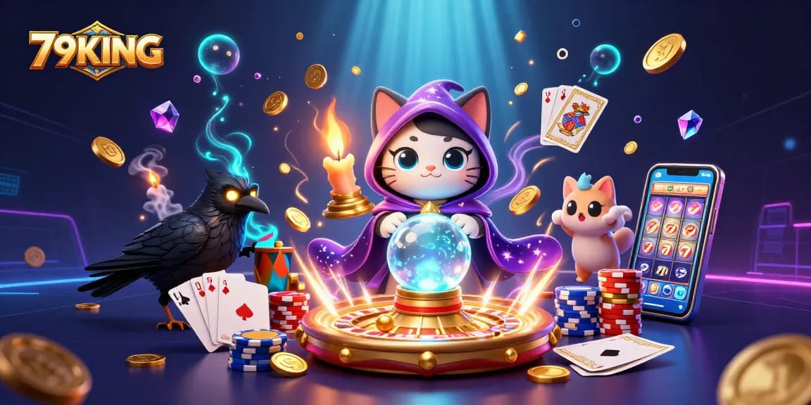 Engage in thrilling casino magic with 79KING's fortune teller cat and mystical gaming elements.