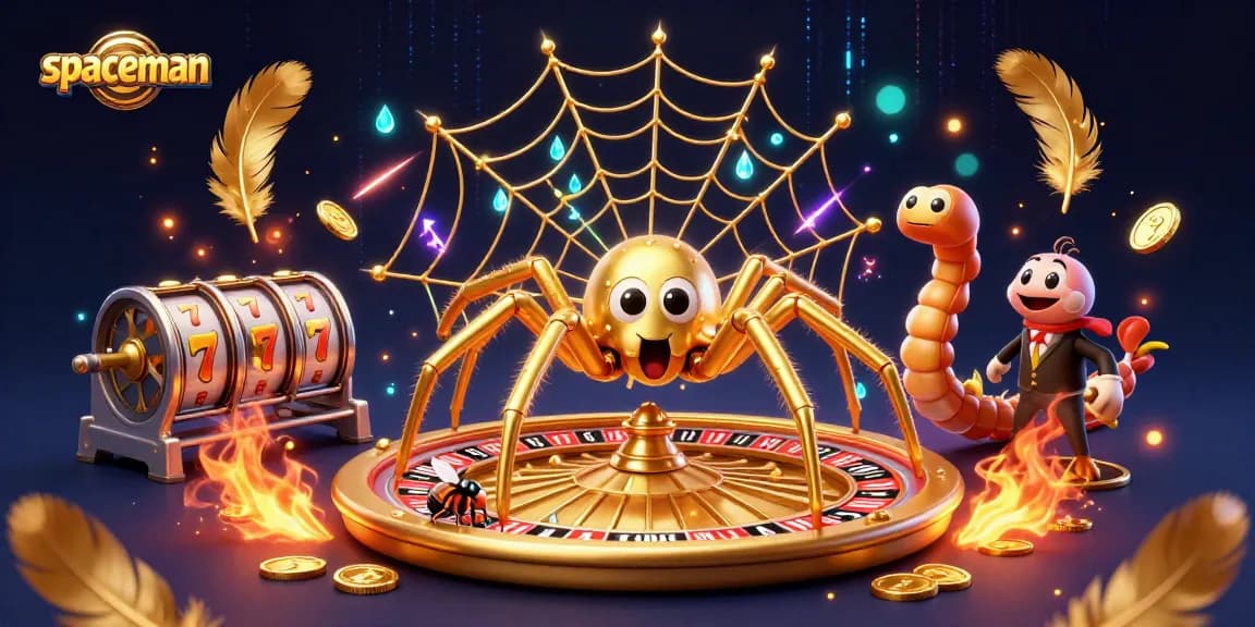 Engage in slots with Spaceman: a golden spider spins a roulette web at a buzzing casino.