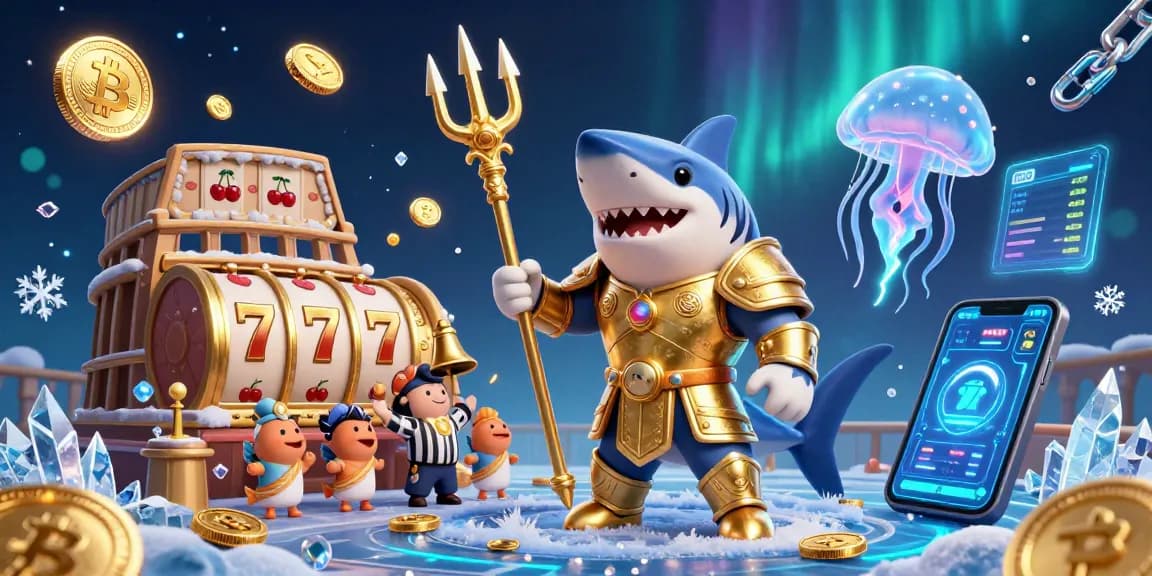 dacsandatphanrang showcases a thrilling 3D casino scene with a fierce tiger shark, glowing crypto coins, and vibrant slot elements.